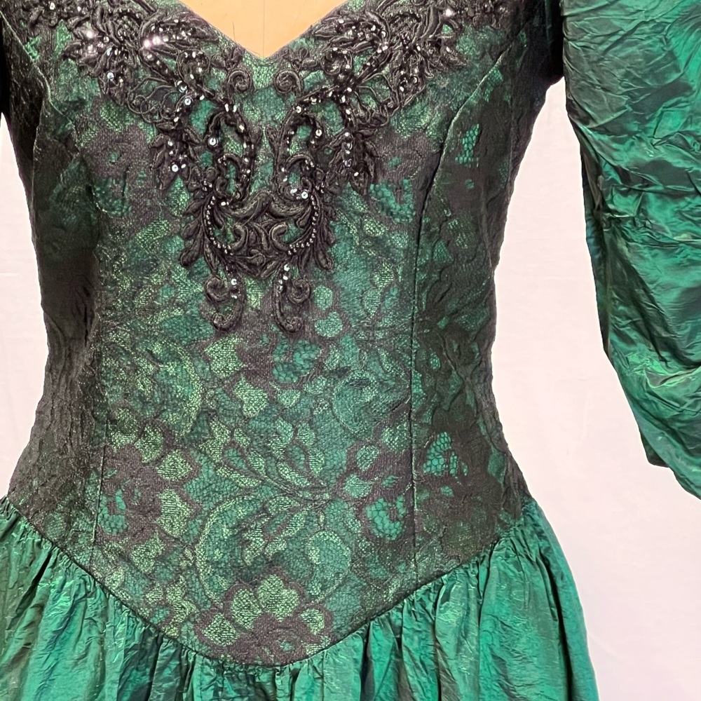 VINTAGE 80s holographic prom gown formal dress dark moody emerald forest lace - Picture 8 of 17